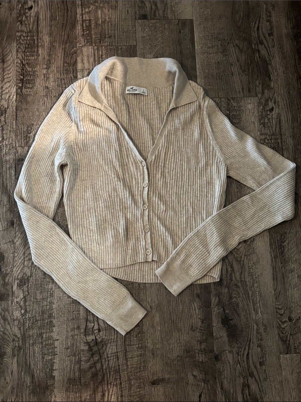 Hollister Collared Ribbed Button-Down Cardigan - Cropped - Cream - Size Large
